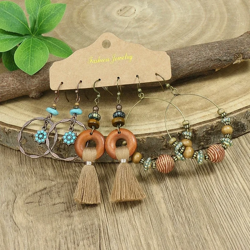 New Earring Set Female Retro Holiday Style Large Circle Earrings Boho Jewelry Pendientes Bohemian Fashion Tassel Accessories