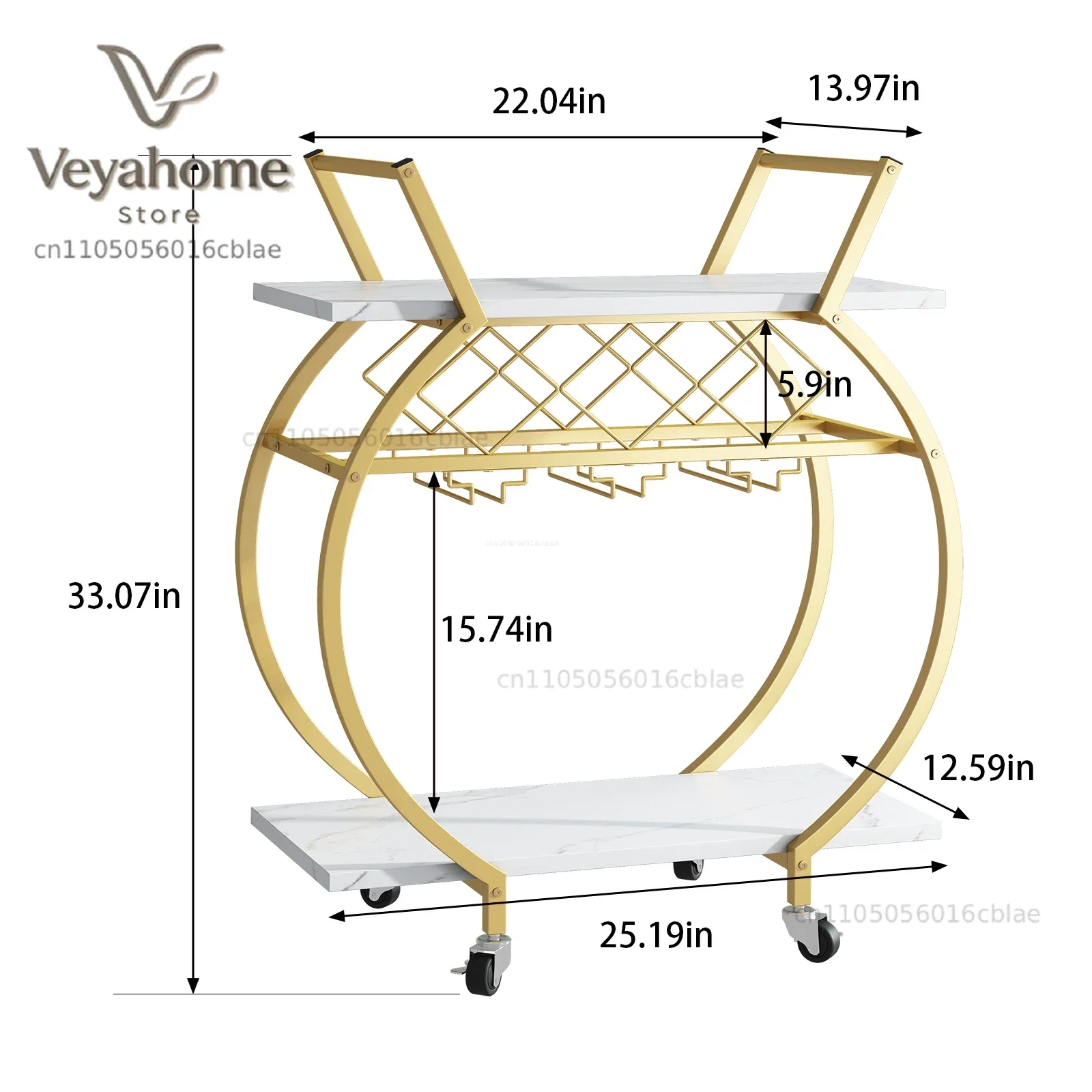 Gold and White Bar Cart Mini Rolling Kitchen Storage Cart with Wine Rack and Glass Holders Wine Cart