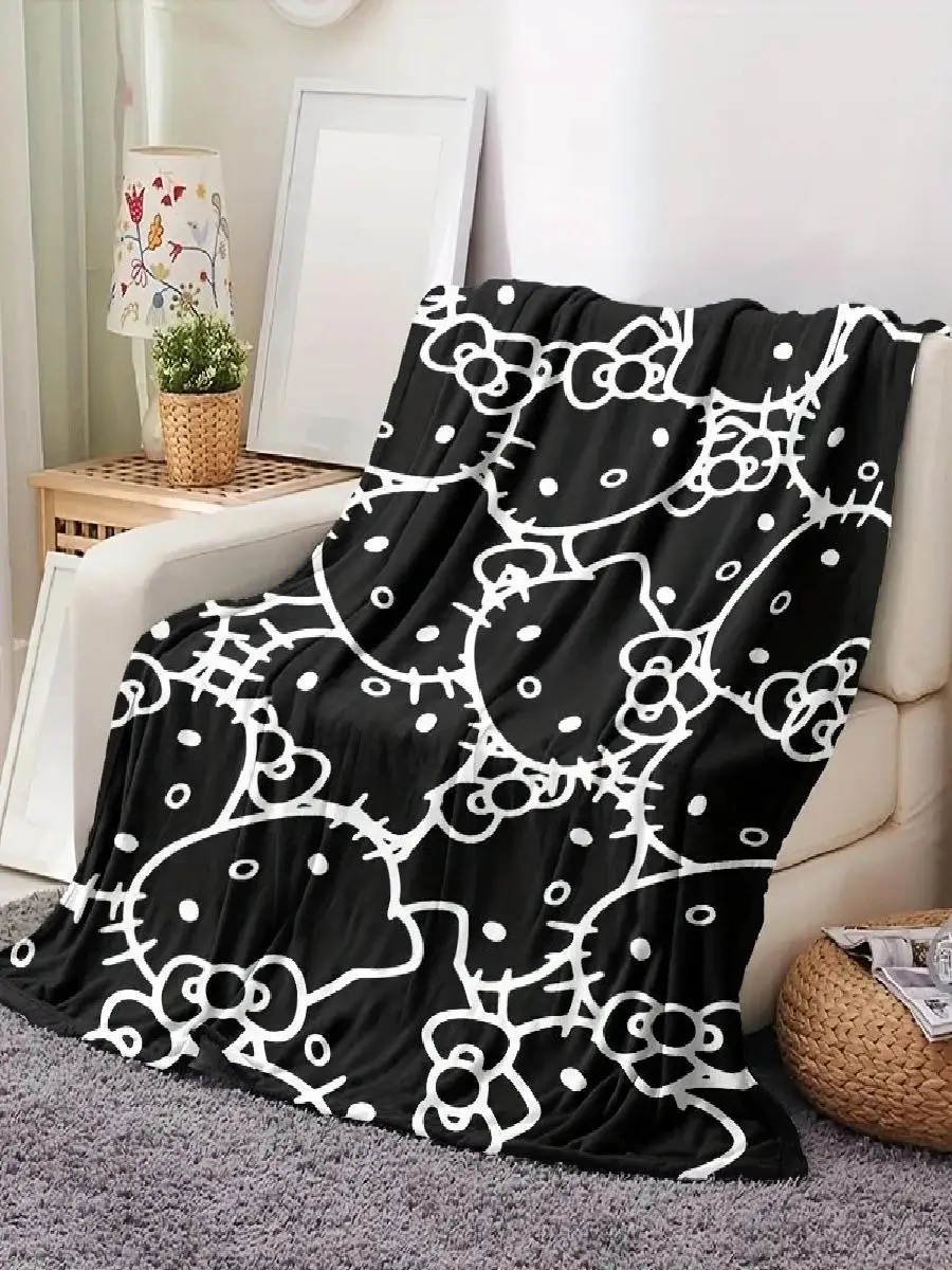 PC Black Hello Kitty Pattern Fuzzy Blanket Multipurpose for Living Room Bedroom Camping Travel