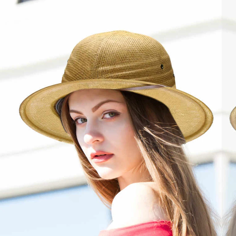 100% Straw Helmet Pith Sun Hat Summer Vietnam War Army Hat Dad Boater Bucket Hats Safari Jungle Miners Cap  -Fishing Hiking Gard