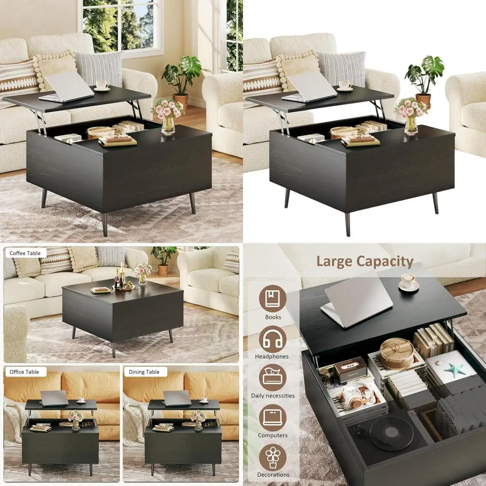 

Illuminated Square Coffee Table, 31.5, Storage Space, Large Hidden Compartment, Living Room Center Table, Black