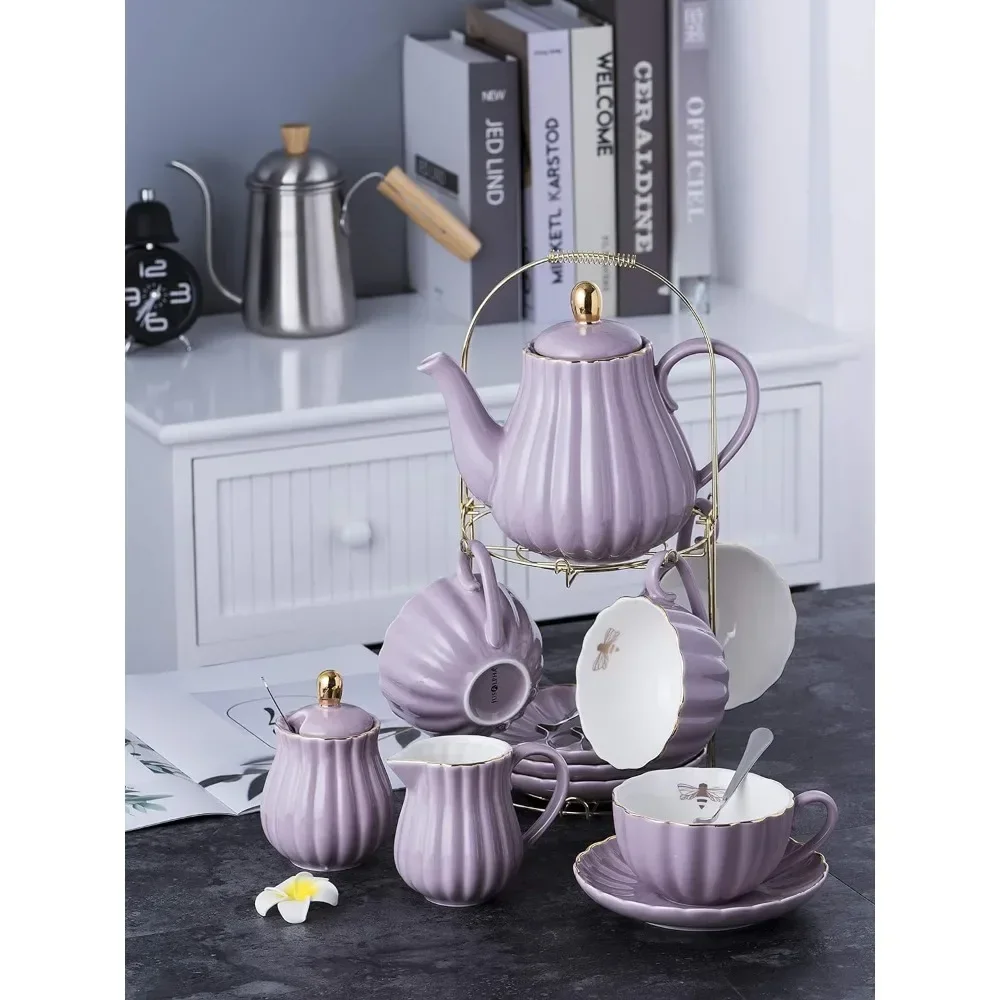 

For Tea Sets, Fine China Purple Coffee Cup/Teacup, Saucer, Spoons, Teapot and Creamer Set, 17-Pieces Tea Sets