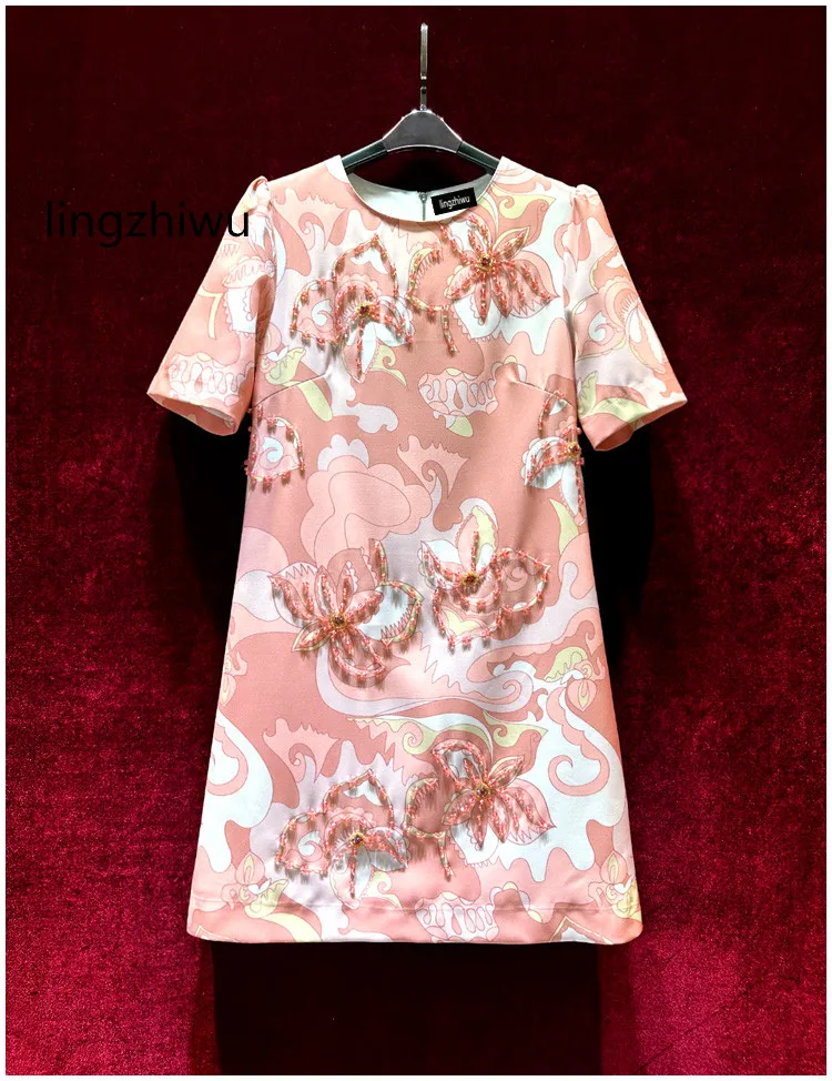 

lingzhiwu Print Dress French Vintage Handmade Beading Top Quality Dresses Short Sleeve Slim Exquisite Female 2024 New Arrive