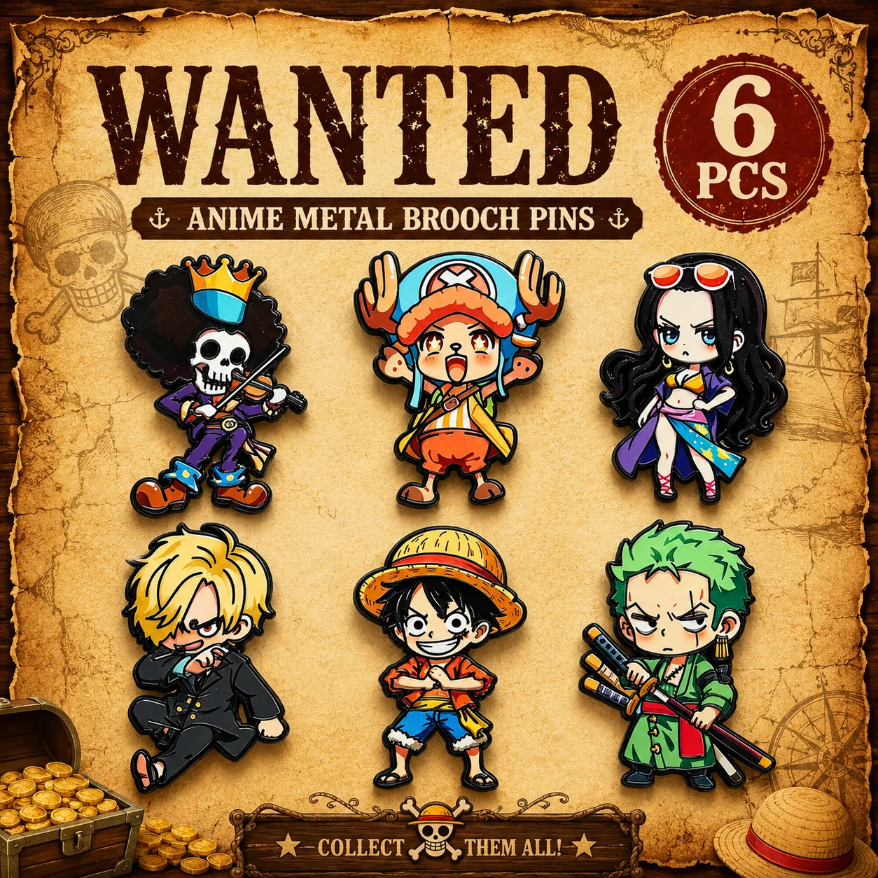 6-teiliges ONE PIECE Cartoon-Charakter-Broschen-Set Q-Version, einschließlich Monkey D. Luffy, Roronoa Zoro, Sanji, Brook, Geschenk für Freunde