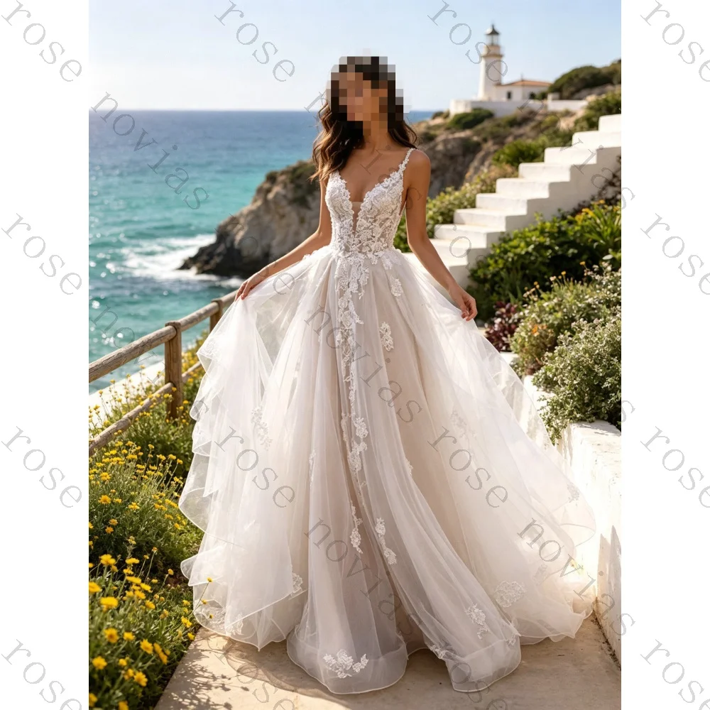 Customized Bohemian Lace Luxury Princess Wedding Dress Deep V-neck Chiffon Ball Flower Decal Bridal Gown Suitable for The Beach
