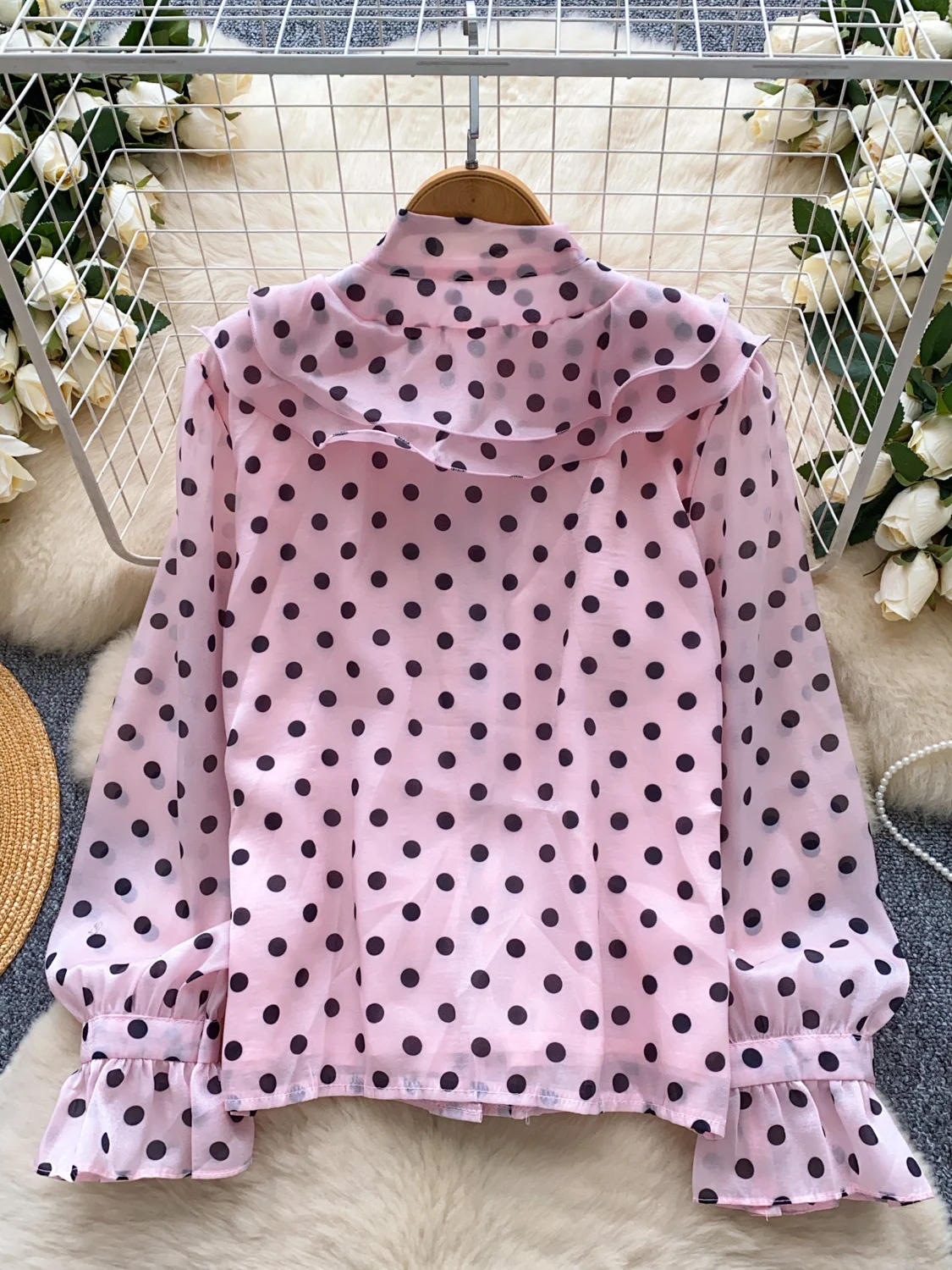 ريترو كورت Sle الثقيلة Embellied عقدة التعادل طويلة Sve البولكا نقطة بلوزة من الشيفون الكورية فضفاضة تناسب الصيف Faion