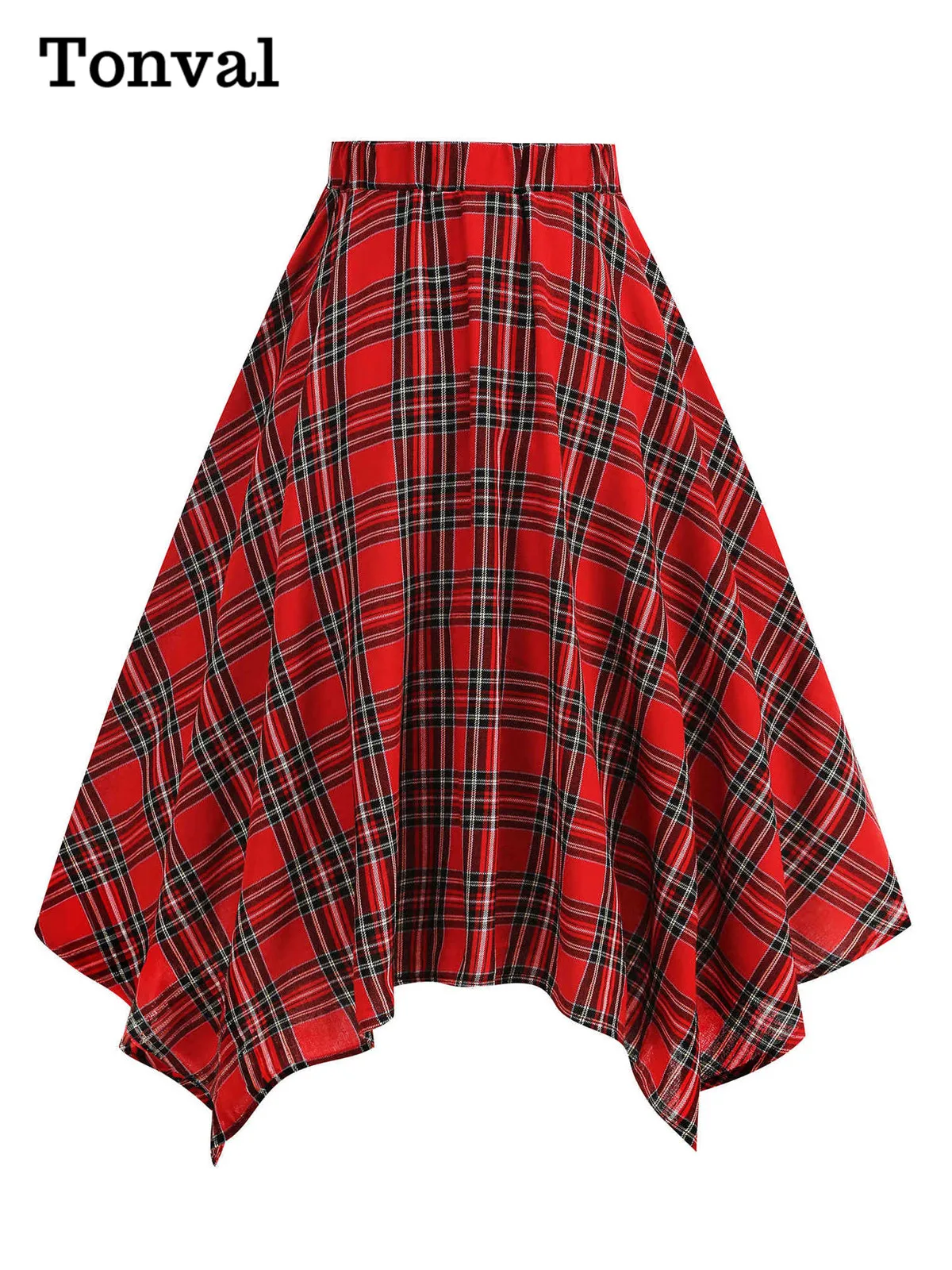 Tonval Tartan Vintage Dames Asymmetrische Zoom Midi Rokken Elastische Taille Elegante Kerstfeest Geruite Rok