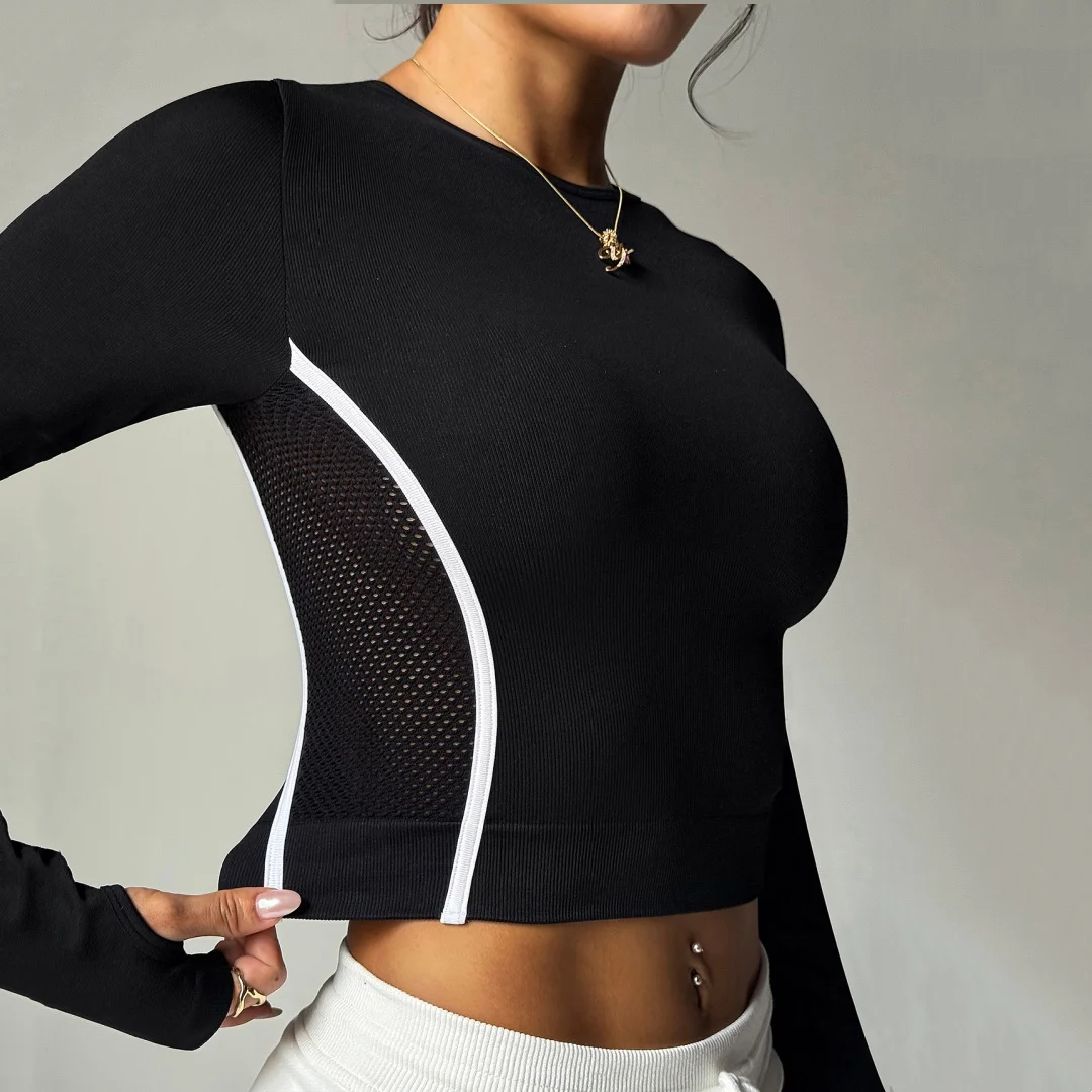 

Новый укороченный топ с длинными рукавами, сетчатыми вставками для воздухопроницаемости и белыми боковыми полосками для облегающего кроя, женская спортивная одежда для тренировок в зале