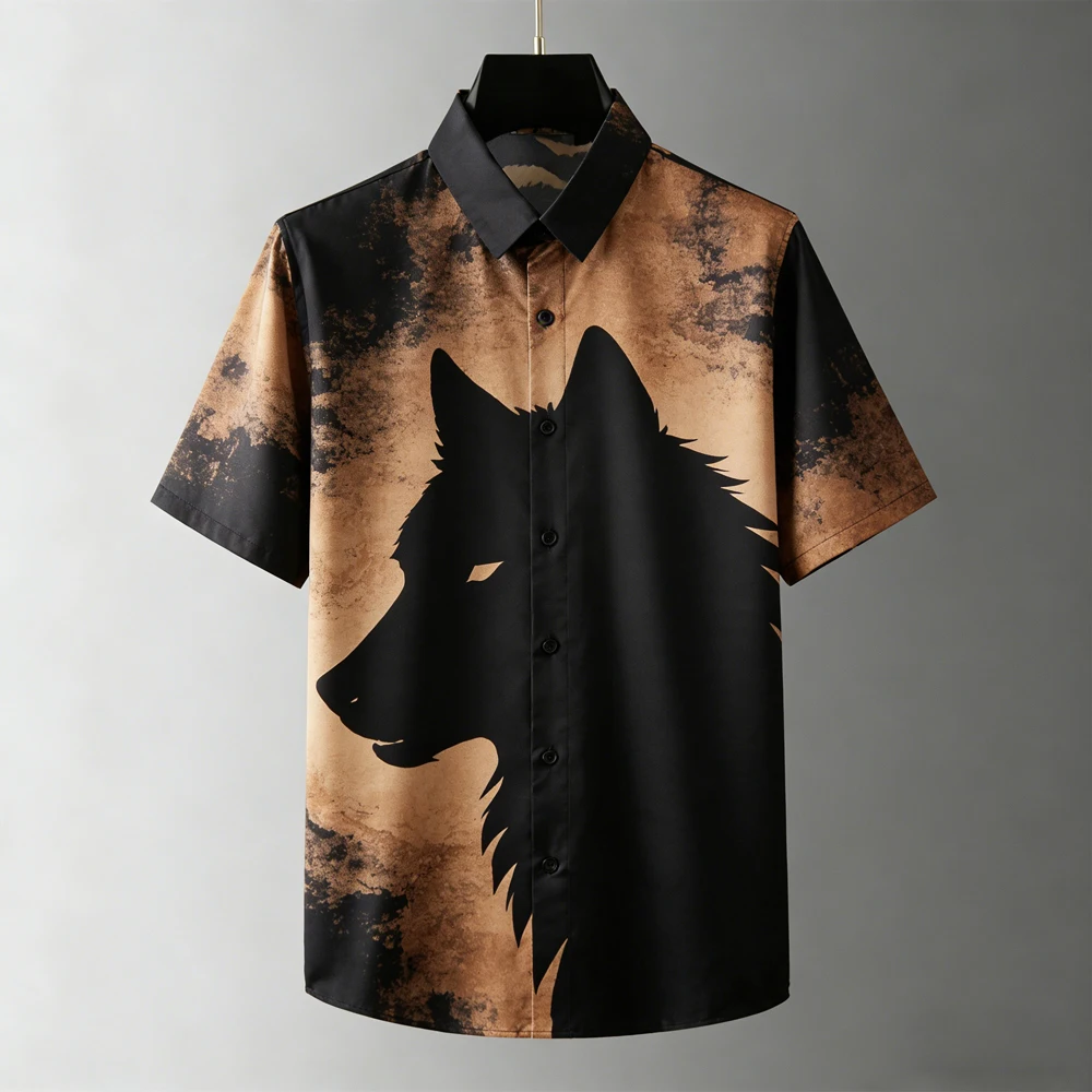 Men's Shirt Wolf Silhouette Vintage Tie Dye Print Turn‑down Collar Short Sleeve Vacation Party Casual Button Down Men Clothes