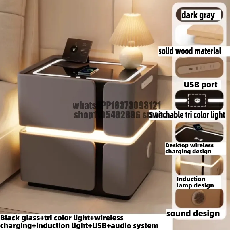 Wooden Three Color Light Nightstands Charging Station Mid-century Bedside Table USB Speaker Storage Locker Bedroom Furniture