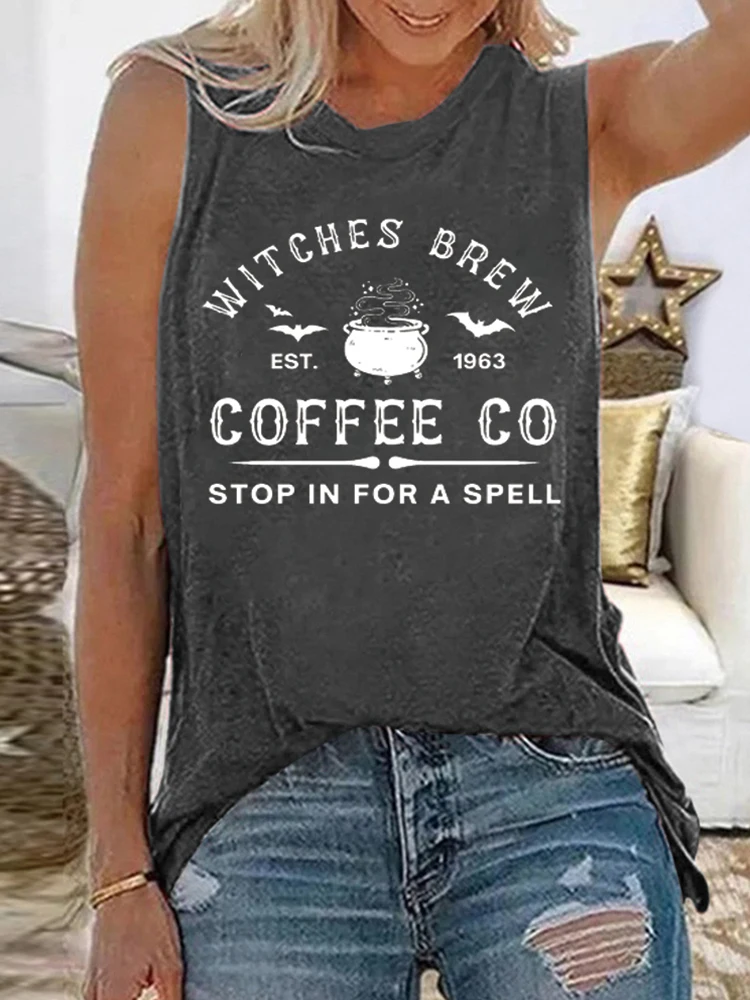 

Seeyoushy Witches Brew Coffee Co Stop In for A Spell Print Funny Halloween Women T Shirt Sleeveless Summer T-shirt Femme Casual