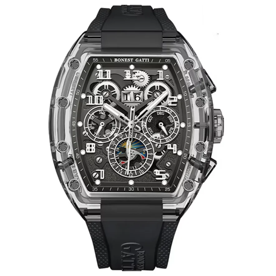 BONEST GATTI Men Automatic Watch Tonneau Mechanical Wristwatch Acrylic Case Sapphire Mirror Luminous Multi-Dial Month Week Date