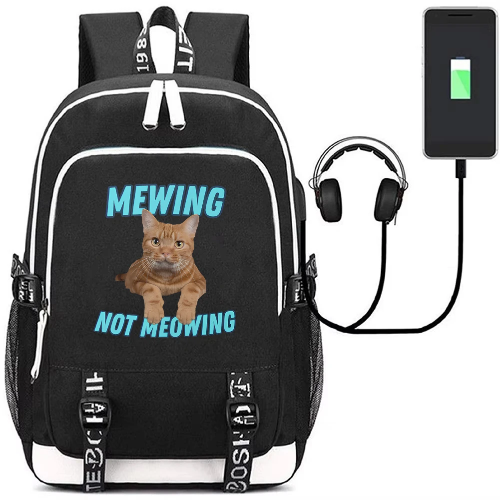 Mewing Not Meowing Backpack with USB Charging Port Cute Cat Bookbag Laptop Bag for Students Funny Meme Mochila