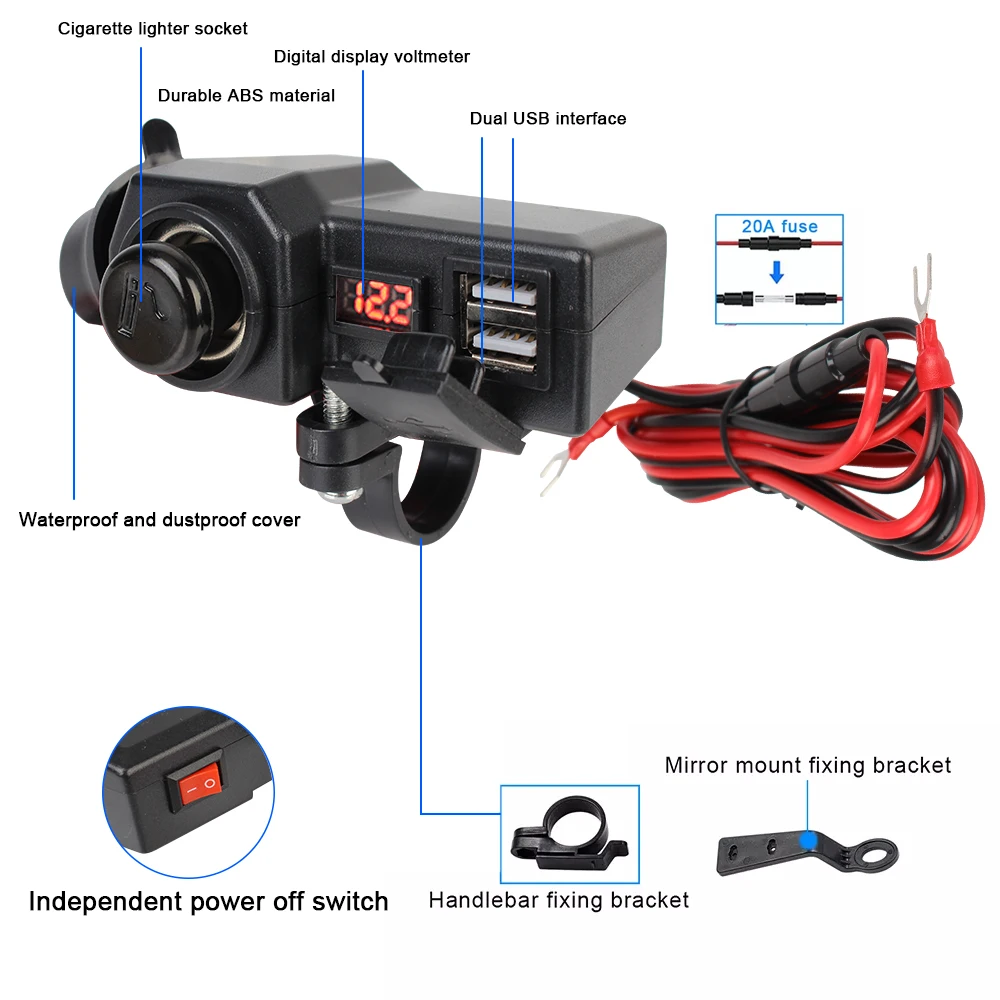 10-24V ON/OFF Switch Digital Voltage Meter 3.4 A Quick Charge 3.0 Dual USB Socket with Cigarette Lighter Motorcycle Charger