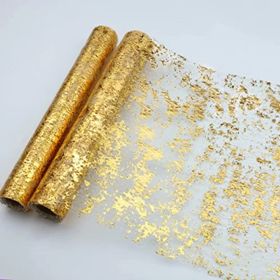 

2 Pieces Gold Table Runner, Sequin Glitter Foil Metallic Thin Mesh Runner Roll 11"x108", Gold Table Decorations for Event Party