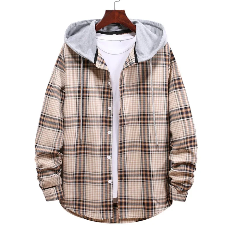 Men's Hoodies Shirts Fashion Style Long Sleeve Tops & Tees Plaid Casual Shirt Japanese Version Youth Cardigan Hooded Sweatshirt