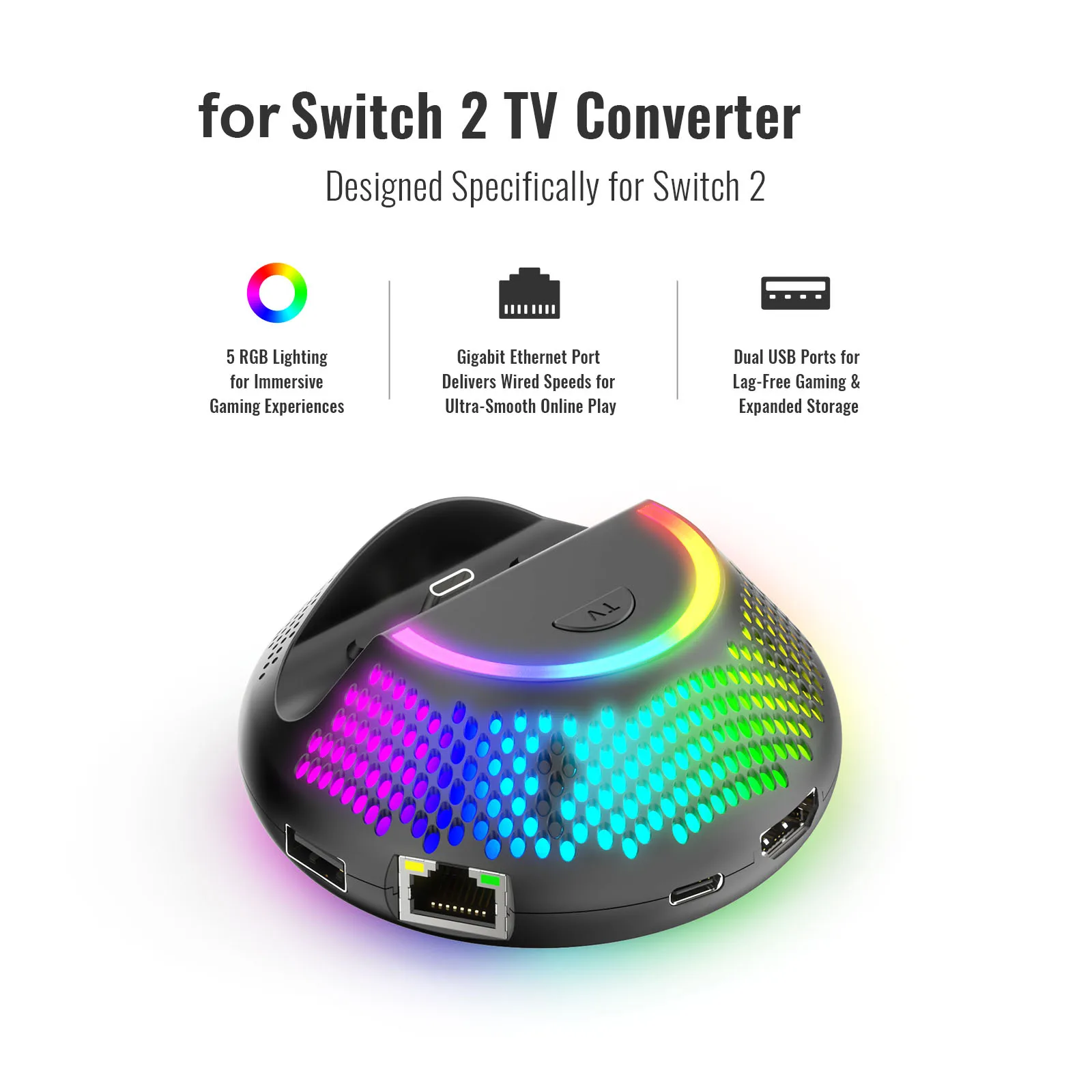 4K TV Dock Station Converter for Switch 2 5-in-1 Docking Station with 60Hz Output and RGB Effects Gaming Console Accessory