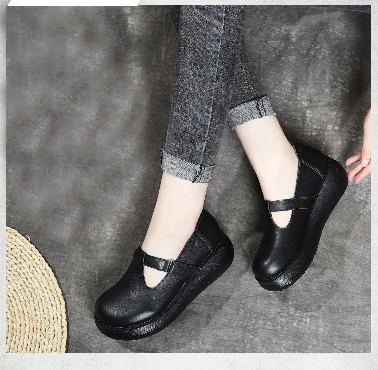 2024 Handmade Retro Style Women Platform Shoes Spring Summer Genuine Cow Leather Wedges Heel Shallow Casual Shoes