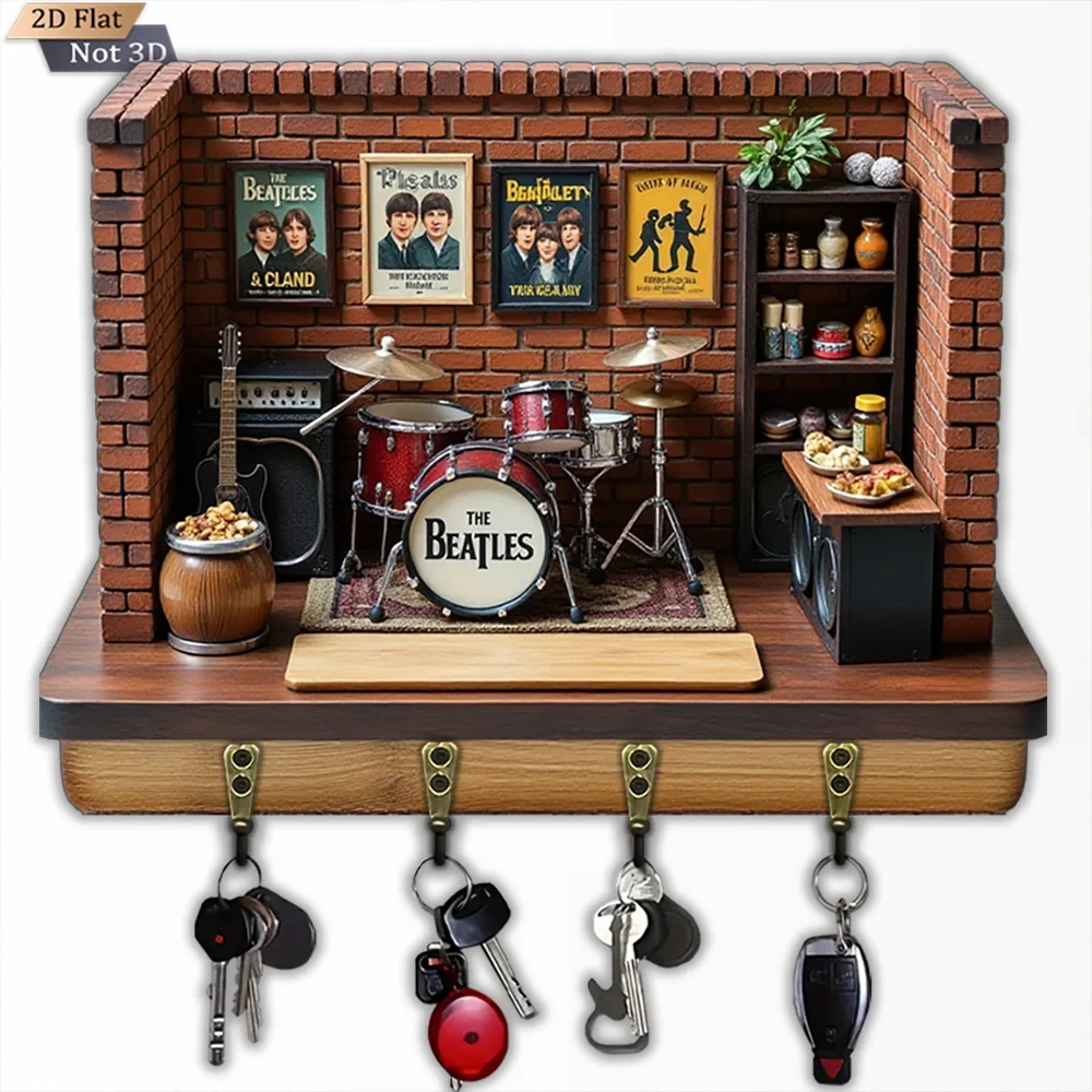 2D Flat, 1pc, Retro Rock Style Key Hook, Wooden Multi-Functional Home House Key Hook, With Four Metal Hooks, Wall Decor