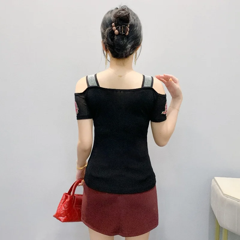 Summer New Fashion Hot Diamonds T-Shirt Women Sexy Off The Shoulder Streetwear Tees Female Slim Flower Tops Blouse