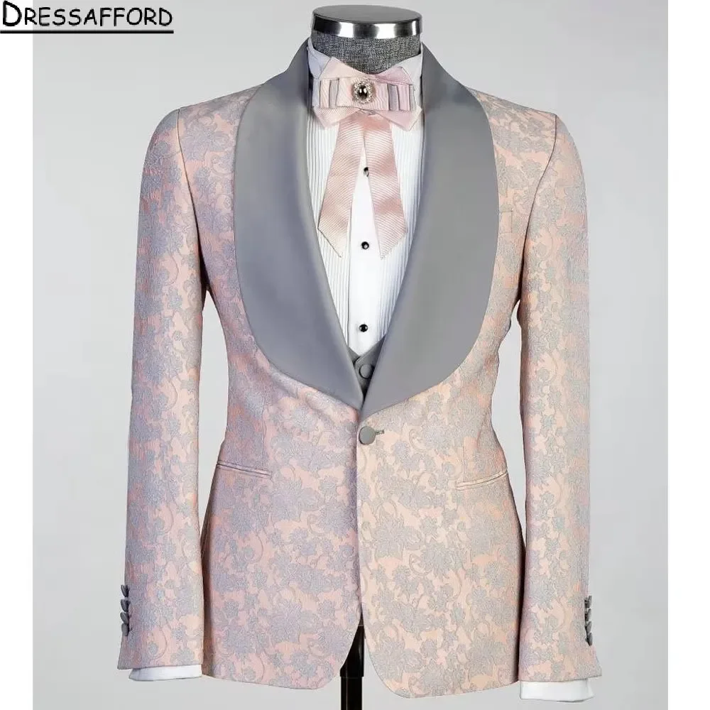 Pink Formal Evening Party Men Suits Floral Jacquard Weave Three Pieces Groom Wear ( Jacket + Vest + Pants )