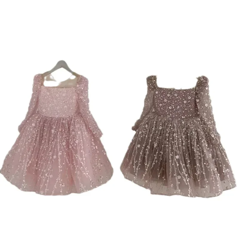 Vestido de manga larga para niña, vestido esponjoso de lentejuelas brillantes para bebé, vestido de princesa de cumpleaños, moda cómoda para niños, 2024