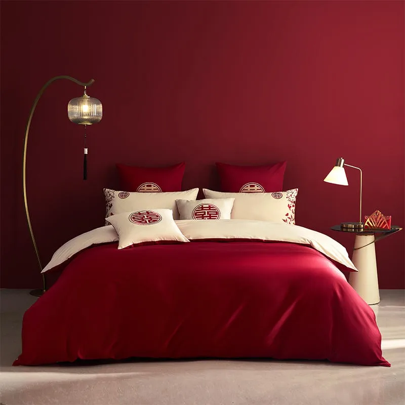 1000TC Long Staple Cotton Chic Embroidery Happiness Wedding Bedding Set Reversible Red Gold Duvet cover Bed Sheet Pillowcases