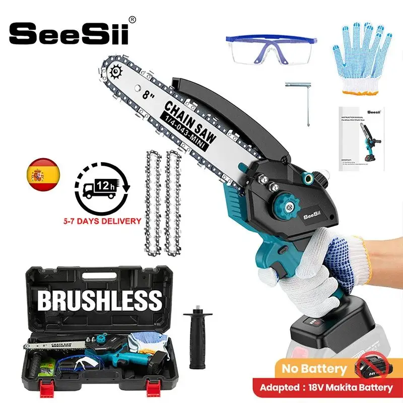 SEESII 8 inch Brushless Electric Chain Saw Handheld Cordless Chainsaw Woodworking Cutting Tools Compatible Makita Batteries