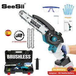 SEESII 8 inch Brushless Electric Chain Saw Handheld Cordless Chainsaw Woodworking Cutting Tools Compatible Makita Batteries