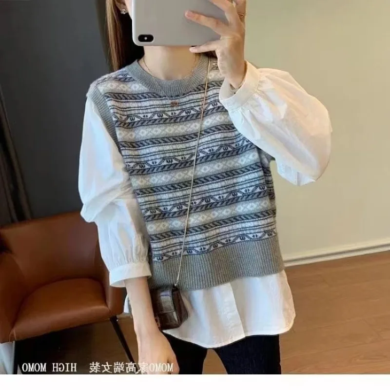 

Новинка 2023 года, осенний свободный свитер в корейском стиле в стиле ретро, модный универсальный свитер, искусственный топ из двух частей в стиле ретро