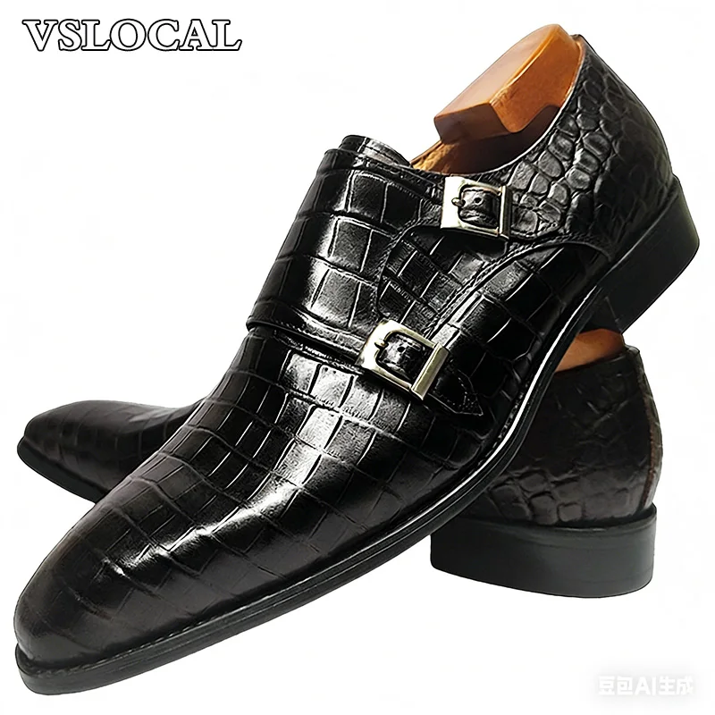 

Luxury Men's Loafers Shoes CROCO Prints Formal Dress Mens Casual Shoes Black Brown Monk Strap Genuine Leather Shoes Men