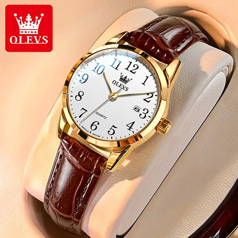 OLEVS Classic Quartz Watch for Women Brown Leather Strap Watch With Date Feature Digital Dial Waterproof Ladies Dress Wristwatch