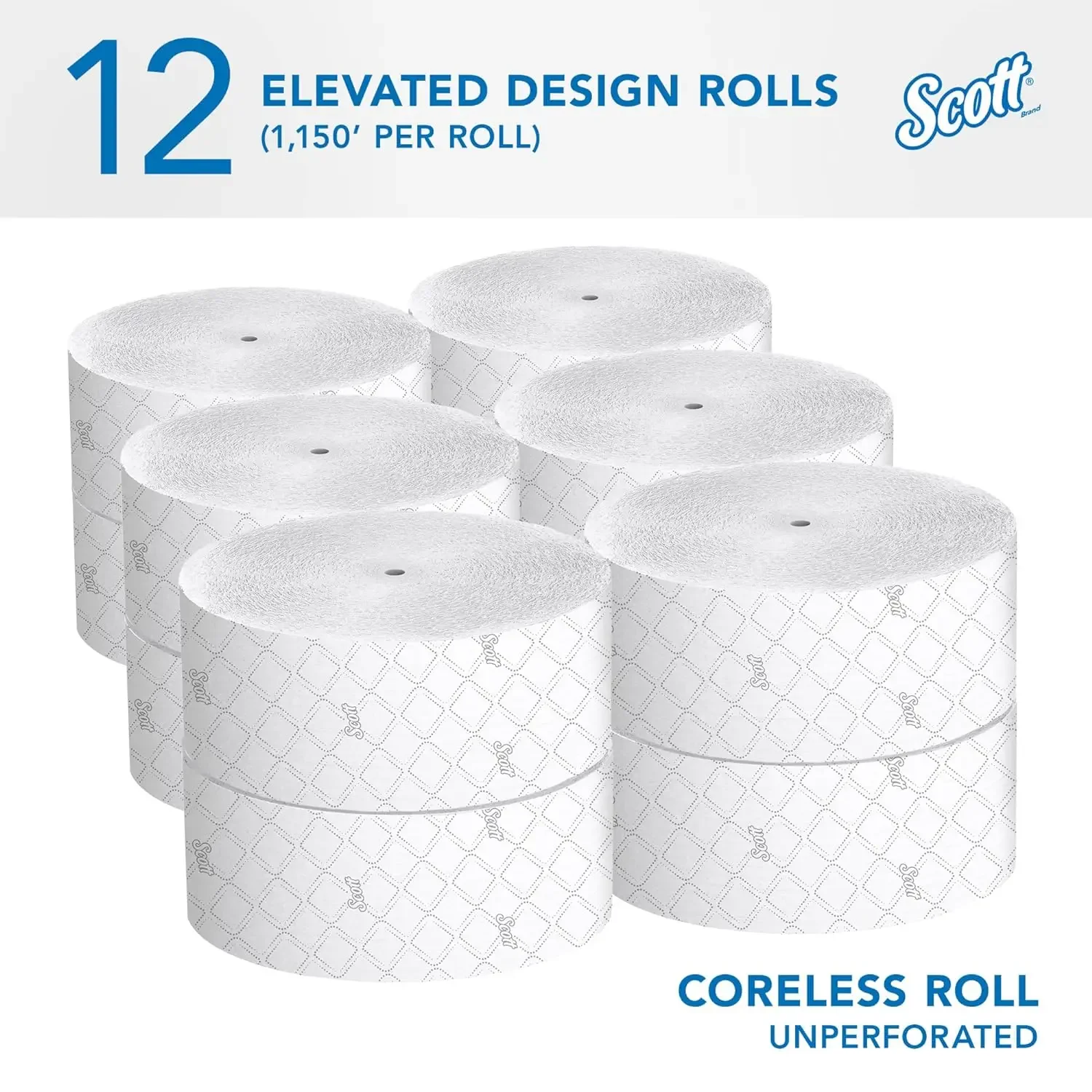 Scott® Coreless High-Capacity Jumbo Roll Toilet Paper (07006), with Elevated Design, 2-Ply, White, (1,150'/Roll, 12 Rolls/Case,