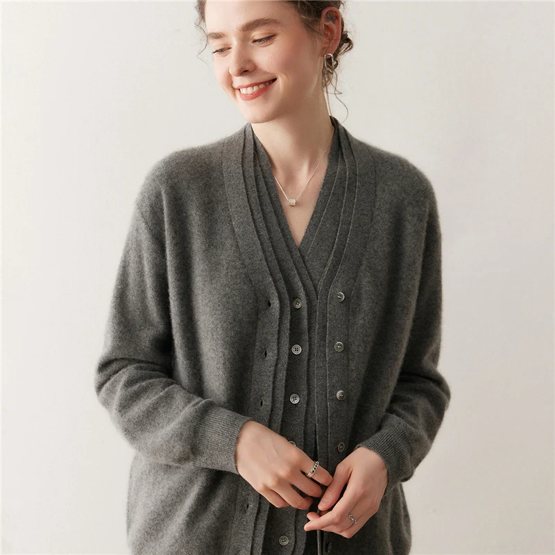

High Quality Double-Deck 100% Cashmere Knitted V-Neck Long Sleeve Cardigan Knit Chic Women's Soft Warm Retro Basic Sweater Tops