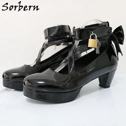 Sorbern Black Shiny Women Pump Kitten Heels Round Toe Shoes With Ankle Strap Bowknot  Platform Pump Chunky Heel Lolita Shoes