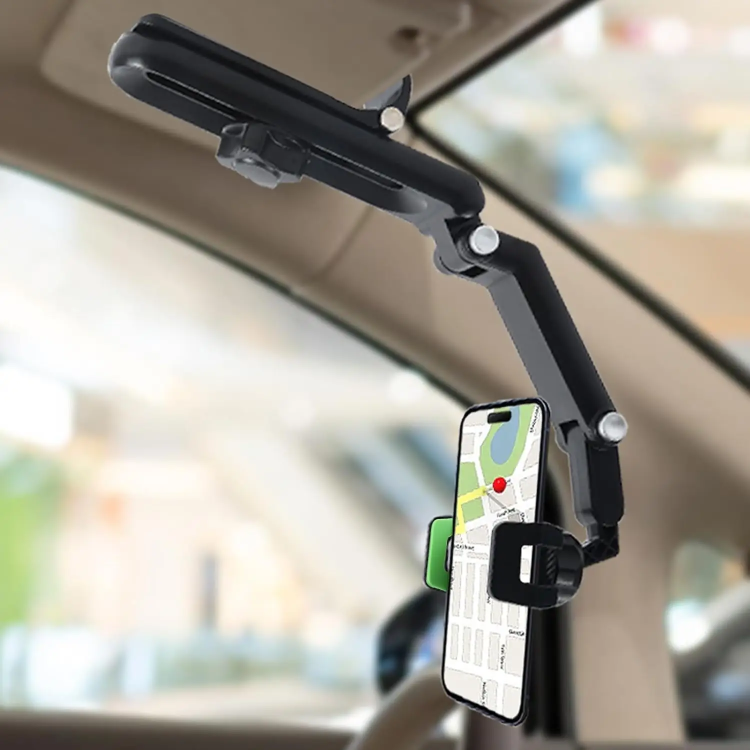 Green Sun Visor Phone Holder, 360° Rotatable, Fits All Smartphones, Hands-Free Car Mount