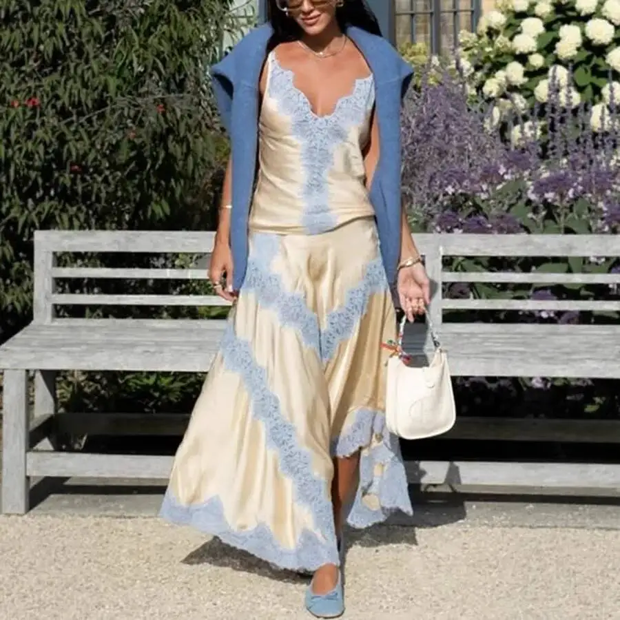 

Women's See Through Lace Patchwork Skirt Two Piece Set Sexy V-neck Spaghetti Strap Vest A-line Skirts 2 Piece Sets Female Summer