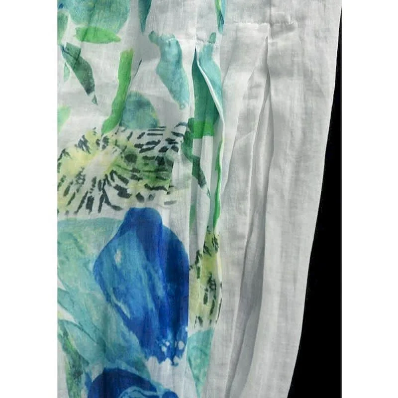 Straight Pants Women Summer Wear Vintage Elastic Waist Floral Printed Cotton Linen Trousers Casual Pleated Flowing Baggy Pants