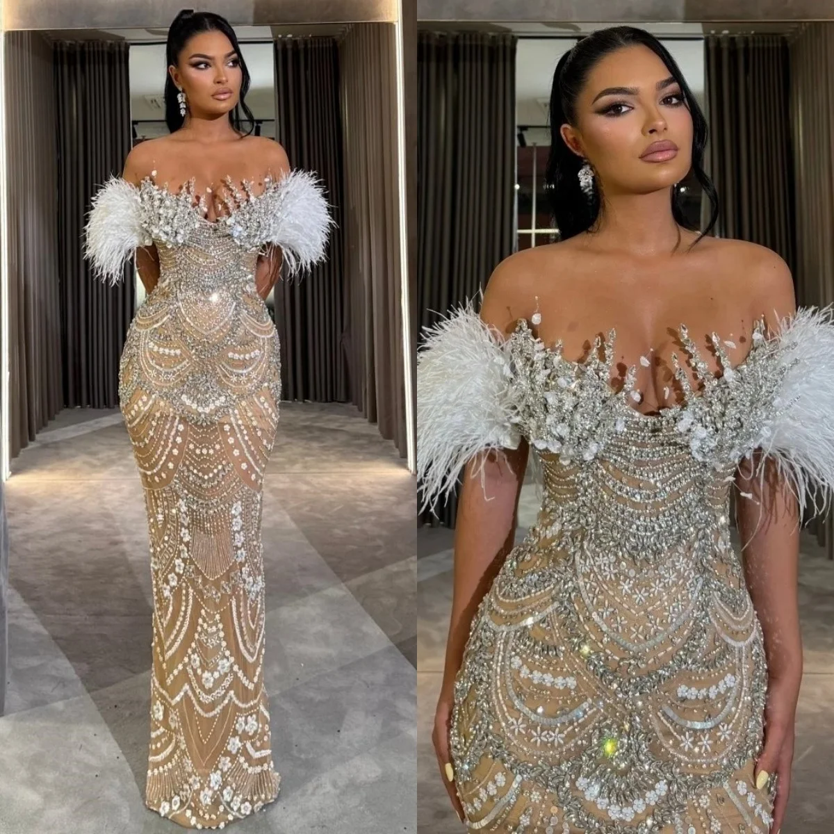 Luxury Evening Dresses Feather Beading Prom Dress Rhinestone Off Shoulder See Through Mermaid Party Gowns Vestidos De Noche