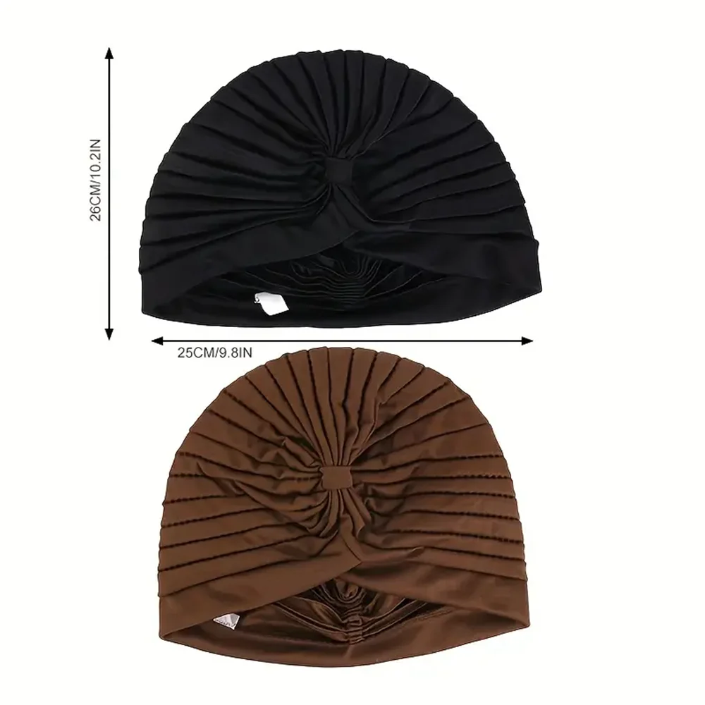 2pcsWomen's Pleated Knot Turban Hat, Soft Stretchy Beanie Cap for Chemo Hair Loss, Muslim Hijab Headwrap, Fashion Daily Headwear view 4