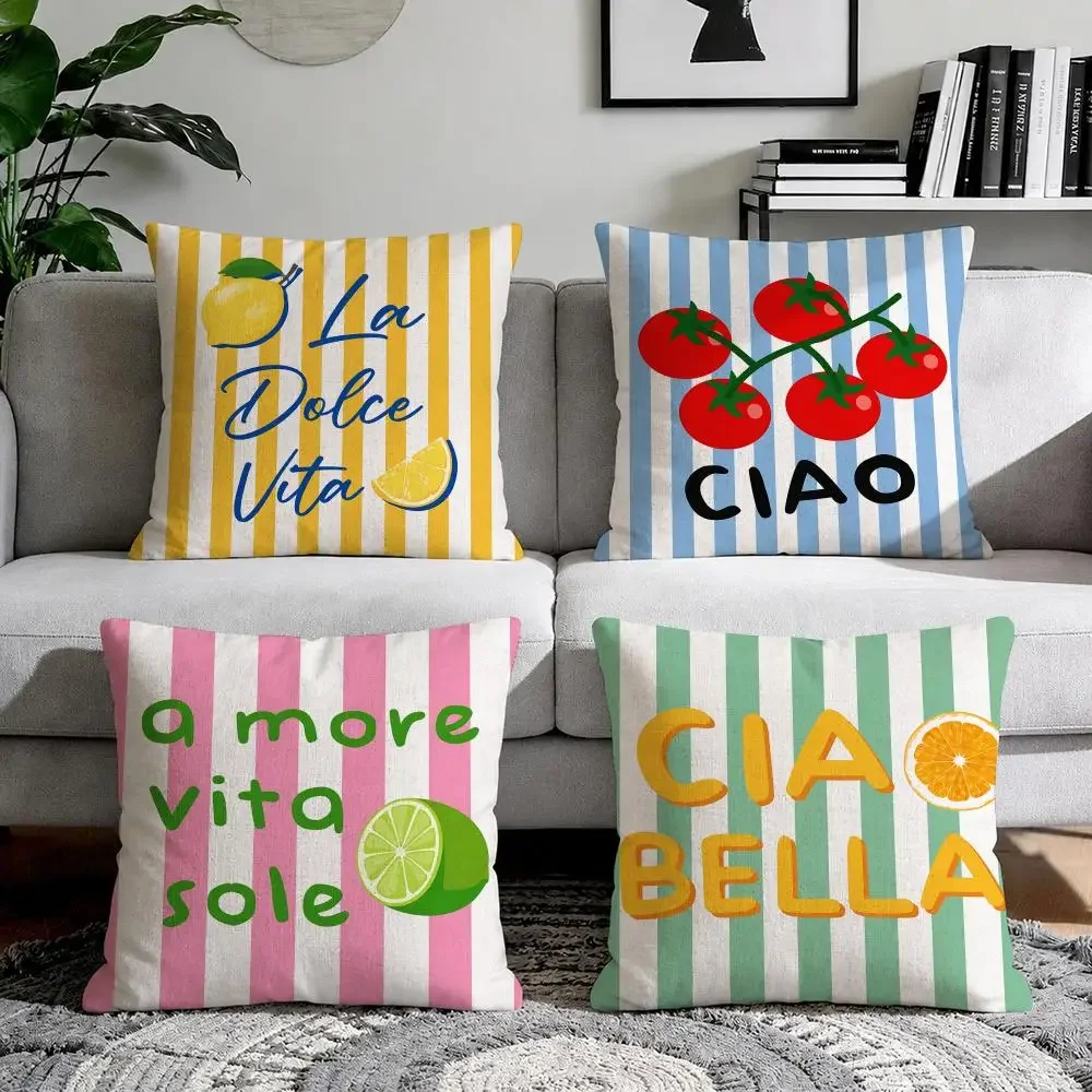 Italian Retro Vacation Style Cushion Cover Natural Breathable Durable Linen Printed Decor Pillow Case Sofa Bedroom