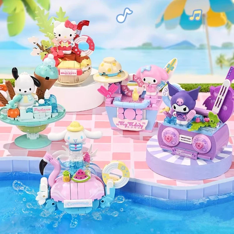 

Keeppley Sanrio Building Block Summer Party Hello Kitty Splicing Toy Kuromi My Melody Pochacco Model Gifts Home Decorations