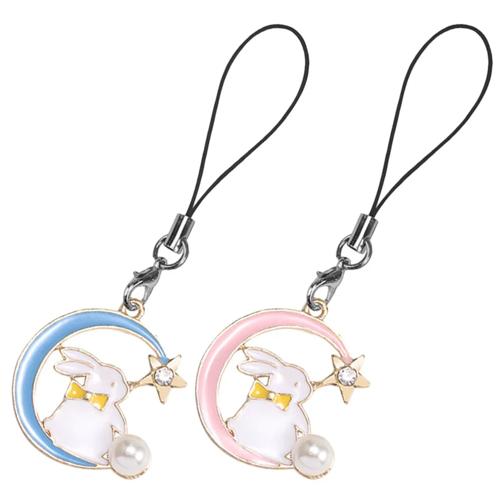 2 Pcs Key Chain Mobile Phone Cellphone Lanyard Strap Moon Star Bunny Charm Smartphones Alloy Student Lovers