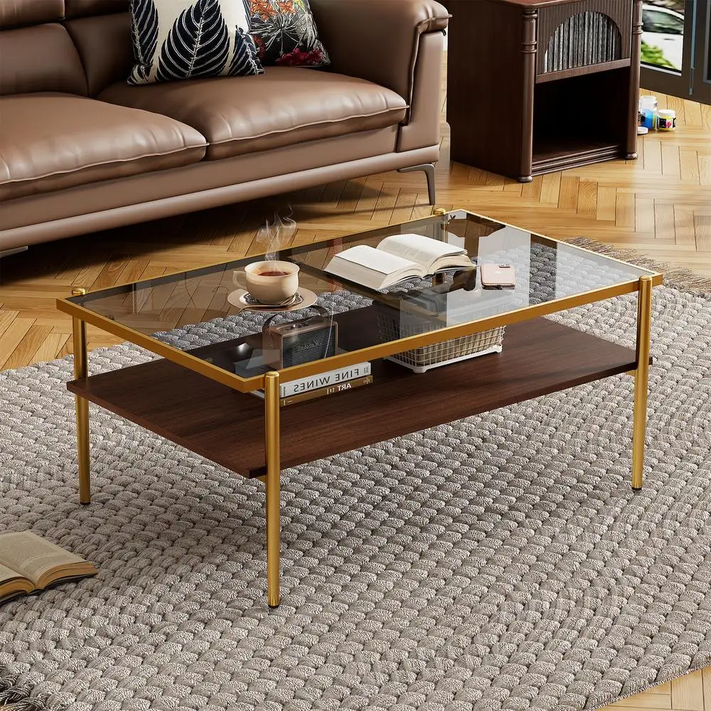 

Rectangle Coffee Table Gray Tempered Glass Top Golden Metal Legs Modern Living Room Accent Table 38.39"W