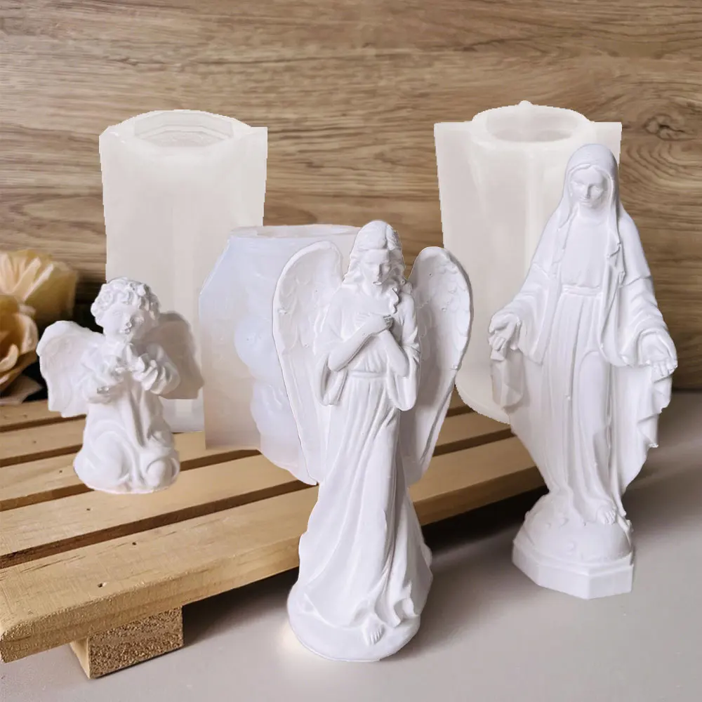 3D Wings Angel Silicone Candle Mold Prayer Goddess Sculpture Gypsum Making Tool DIY Virgin Drip Glue Resin Mold for Church Decor