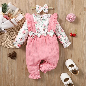 0-18 ay yenidoğan bebek kız Romper sevimli çiçek uzun kollu yay Bodysuit + kafa bebek kız İlkbahar & sonbahar tulum