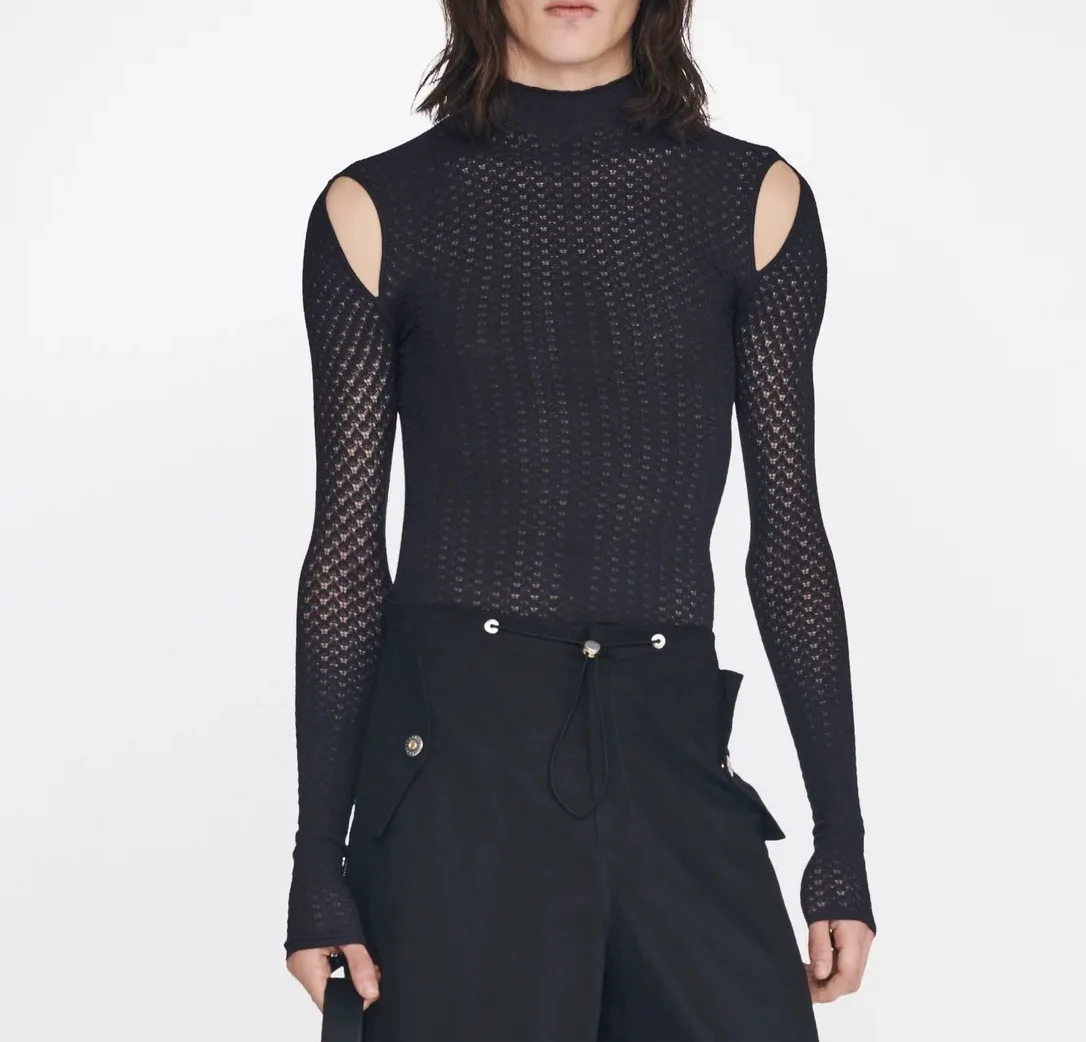 

Men's T-shirt Bottoming Clothes Loose Long-sleeved Bottoming Shirt Fashion Lace Hollow Slim-fitting Black Slightly Top