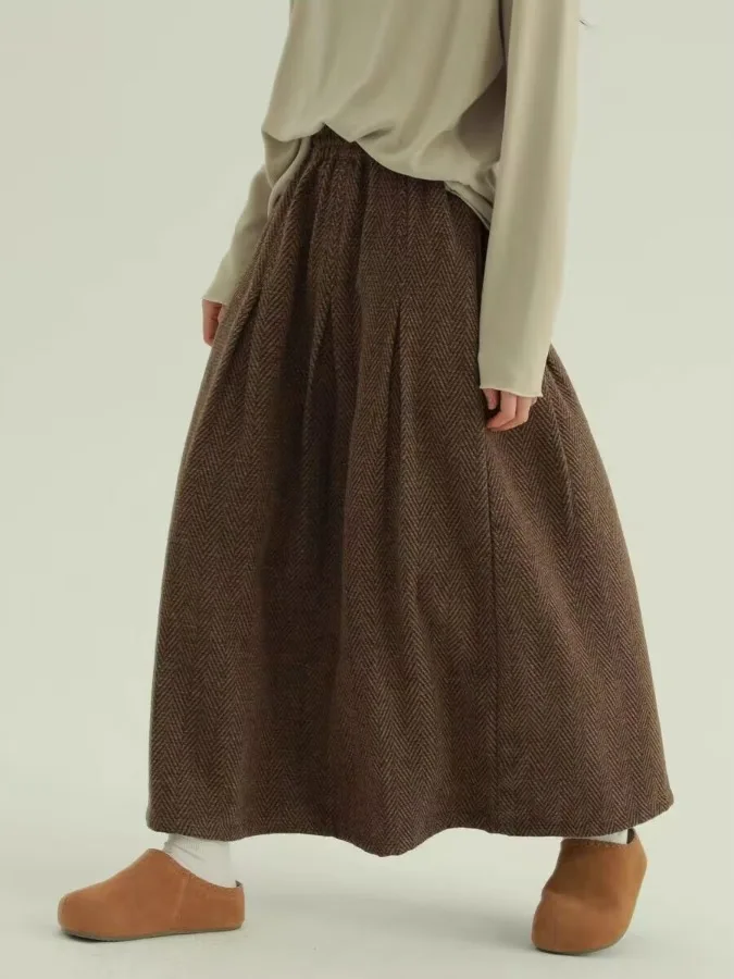 

Retro A-Line Woolen Skirt Elastic Waist Simple Sli Versatile Small Size Slimming Long Skirt for Ladies Casual Wear