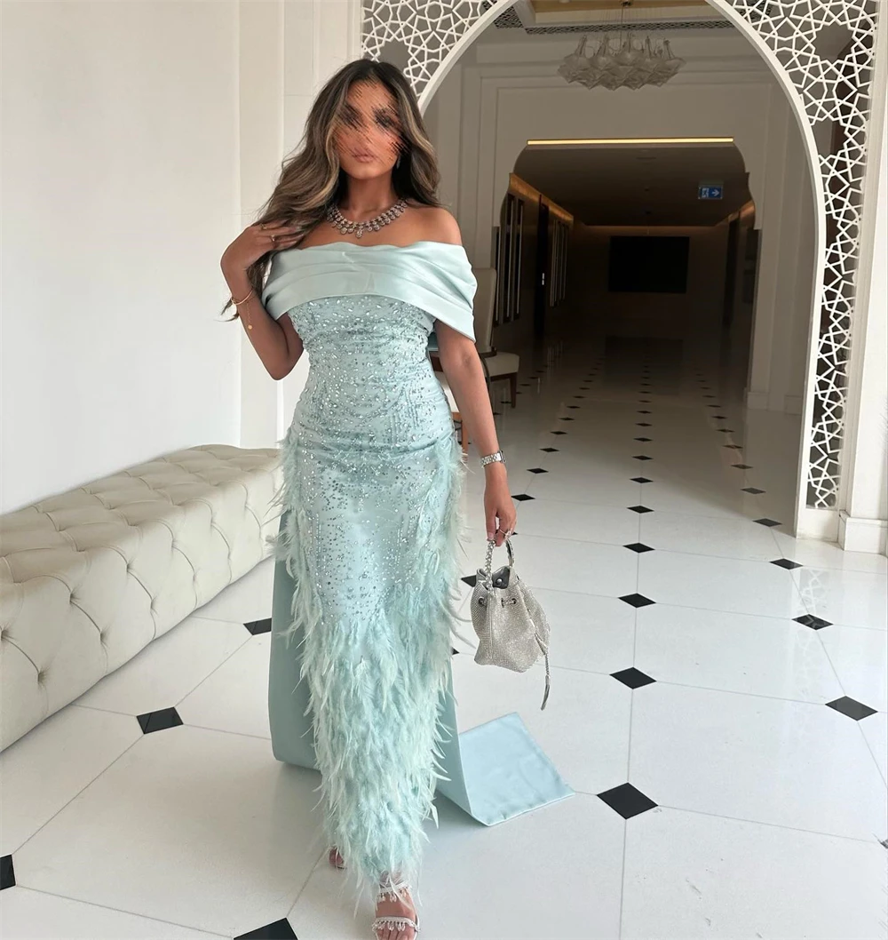 Customized High Quality Off the Shoulder Sheath Celebrity Dress Floor Length Feathers Sequin Formal Evening Gowns платье