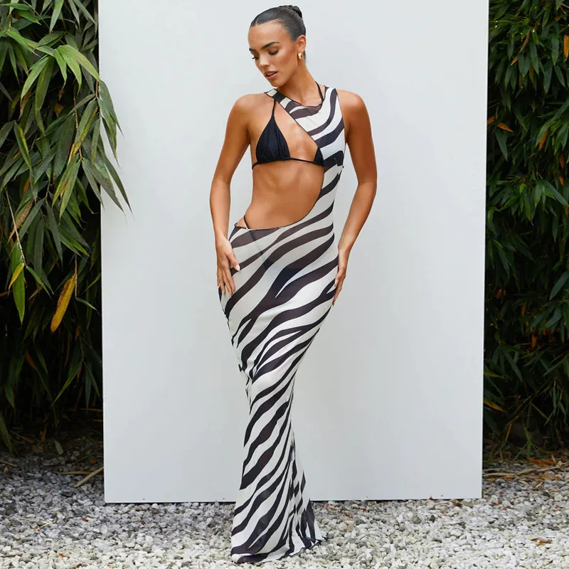 Abito lungo aderente monospalla senza maniche in rete trasparente alla moda da donna